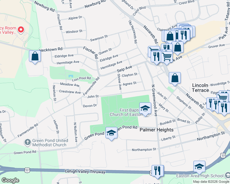 map of restaurants, bars, coffee shops, grocery stores, and more near 3030 Agnes Street in Easton