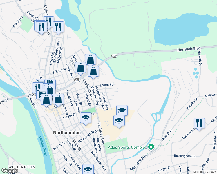 map of restaurants, bars, coffee shops, grocery stores, and more near 607 East 20th Street in Northampton