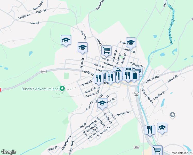 map of restaurants, bars, coffee shops, grocery stores, and more near 328 Sunbury Street in Minersville