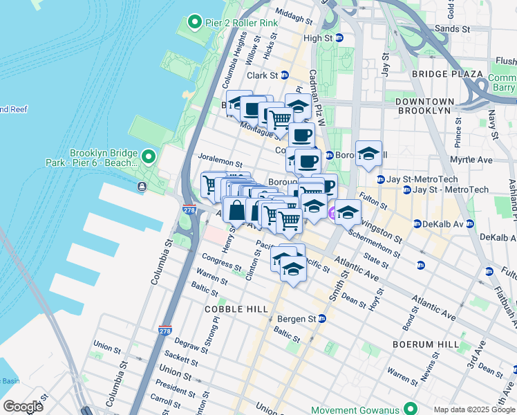 map of restaurants, bars, coffee shops, grocery stores, and more near 109 State Street in Brooklyn