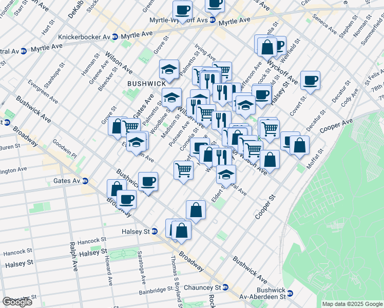 map of restaurants, bars, coffee shops, grocery stores, and more near Central Ave & Jefferson Ave in Brooklyn