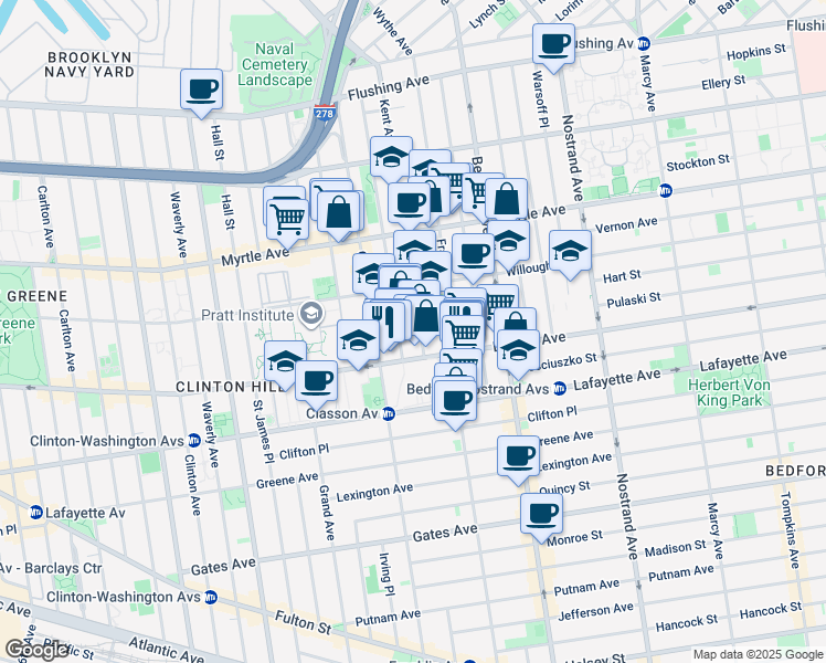 map of restaurants, bars, coffee shops, grocery stores, and more near 944 Kent Avenue in Brooklyn