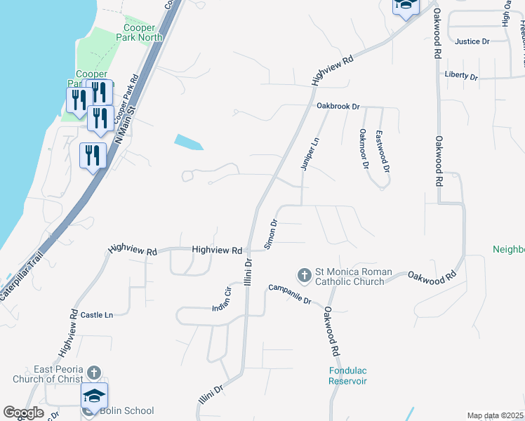 map of restaurants, bars, coffee shops, grocery stores, and more near 1312 Highview Road in East Peoria