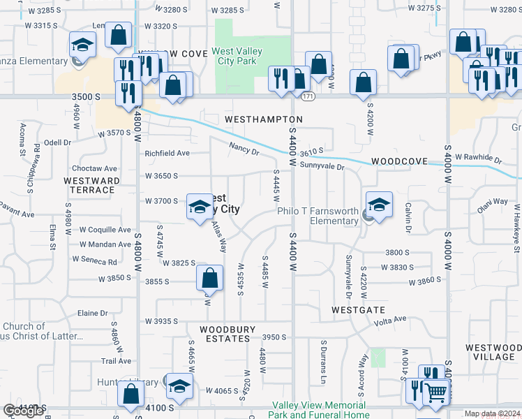 map of restaurants, bars, coffee shops, grocery stores, and more near 4484 Hercules Drive in West Valley City