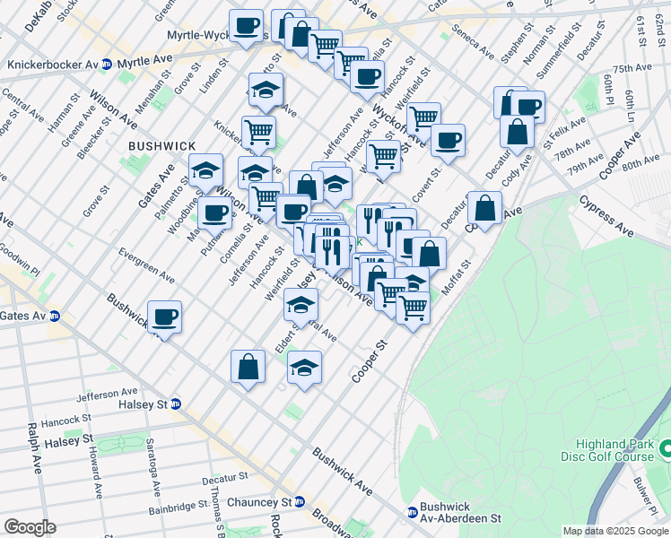 map of restaurants, bars, coffee shops, grocery stores, and more near 567 Wilson Avenue in Brooklyn