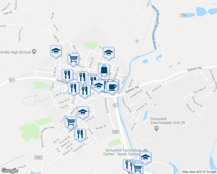 map of restaurants, bars, coffee shops, grocery stores, and more near 2 Lewis Street in Minersville