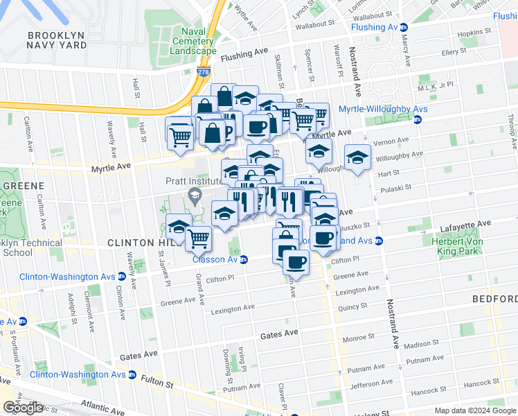 map of restaurants, bars, coffee shops, grocery stores, and more near 970 Kent Avenue in Brooklyn