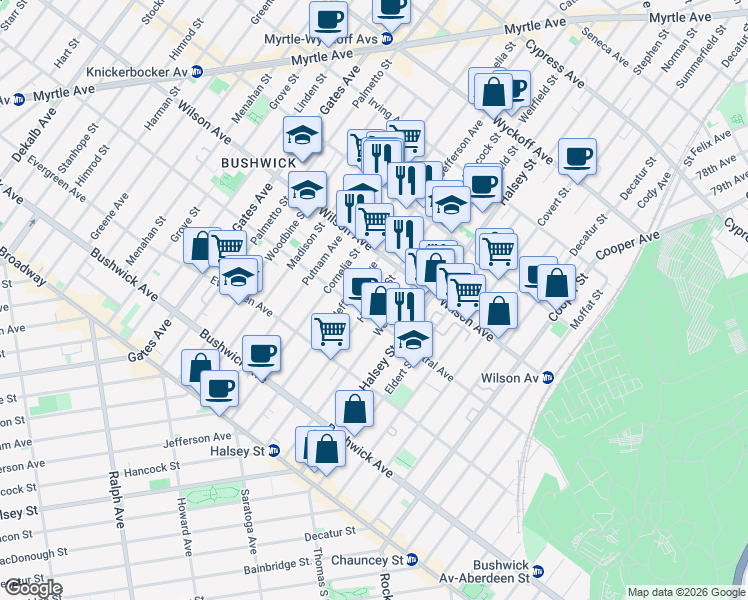 map of restaurants, bars, coffee shops, grocery stores, and more near Weirfield Street in Brooklyn