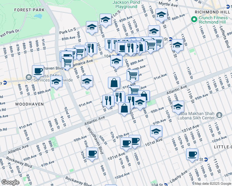 map of restaurants, bars, coffee shops, grocery stores, and more near 100-10 90th Avenue in Queens