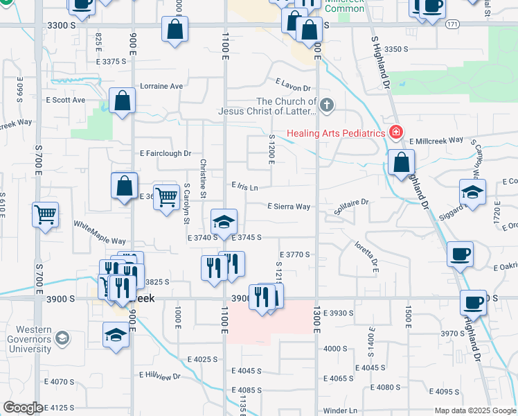 map of restaurants, bars, coffee shops, grocery stores, and more near 1170 East Sierra Way in Millcreek