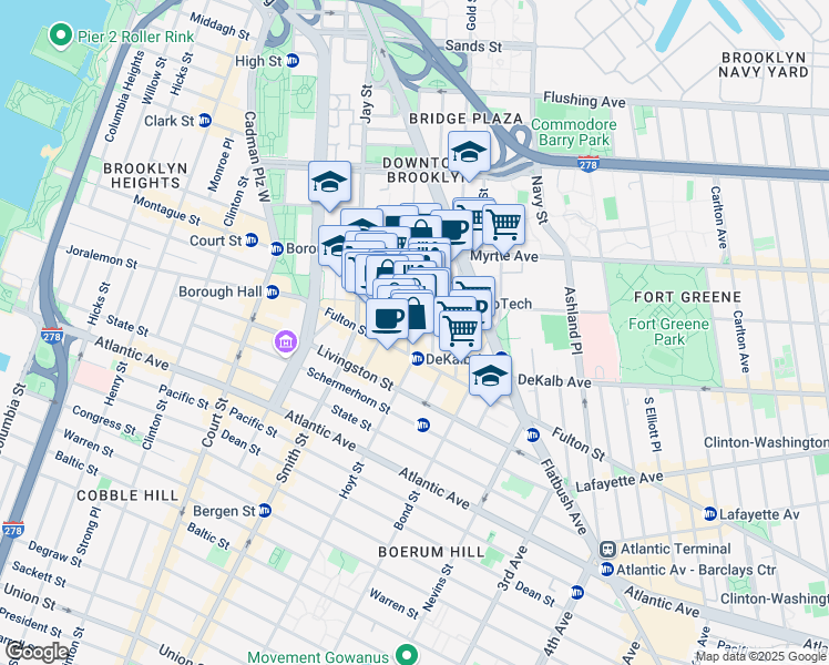 map of restaurants, bars, coffee shops, grocery stores, and more near 106 Willoughby Street in Brooklyn