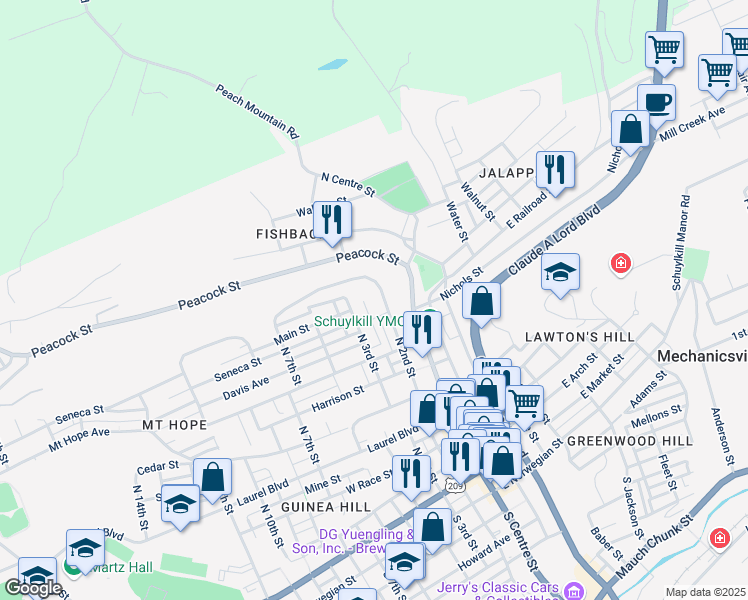 map of restaurants, bars, coffee shops, grocery stores, and more near 723 North 2nd Street in Pottsville