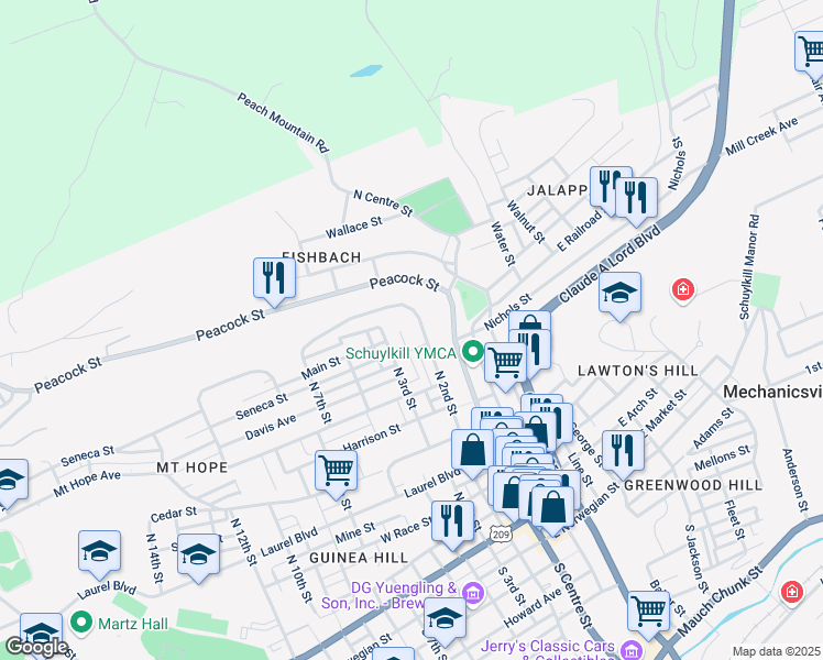 map of restaurants, bars, coffee shops, grocery stores, and more near 723 North 2nd Street in Pottsville