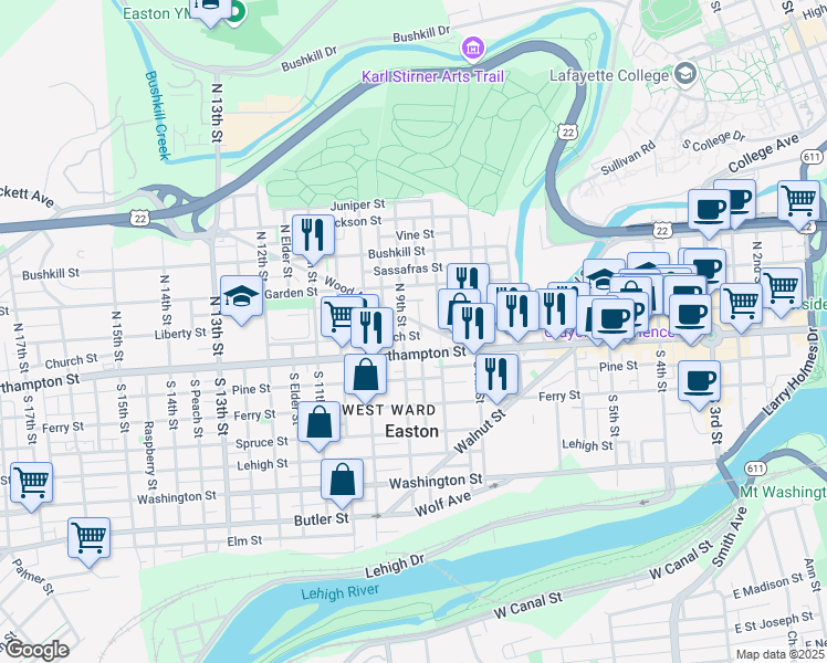 map of restaurants, bars, coffee shops, grocery stores, and more near 25 North 9th Street in Easton