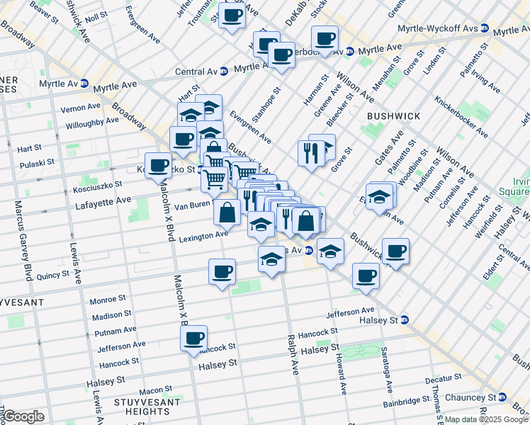 map of restaurants, bars, coffee shops, grocery stores, and more near 1269 Broadway in Brooklyn