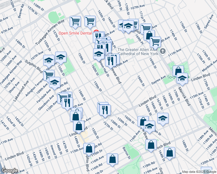 map of restaurants, bars, coffee shops, grocery stores, and more near 110-34 Union Hall Street in Queens