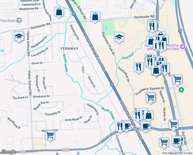 map of restaurants, bars, coffee shops, grocery stores, and more near 66 Robinhood Drive in Cranberry Township