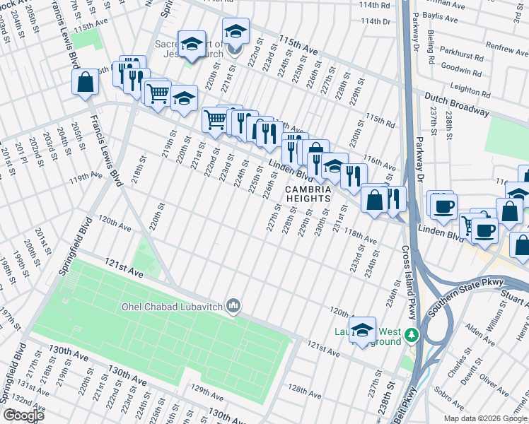 map of restaurants, bars, coffee shops, grocery stores, and more near 226- 1 118th Avenue in Queens