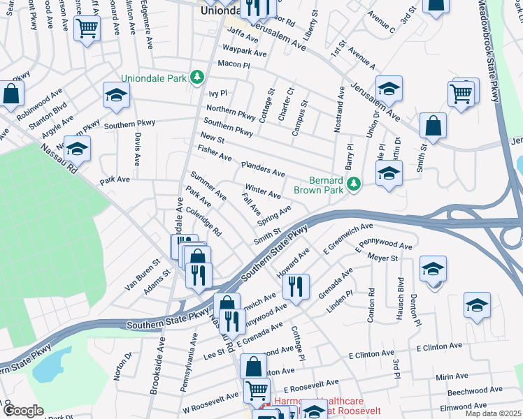 map of restaurants, bars, coffee shops, grocery stores, and more near 777 Fall Avenue in Uniondale