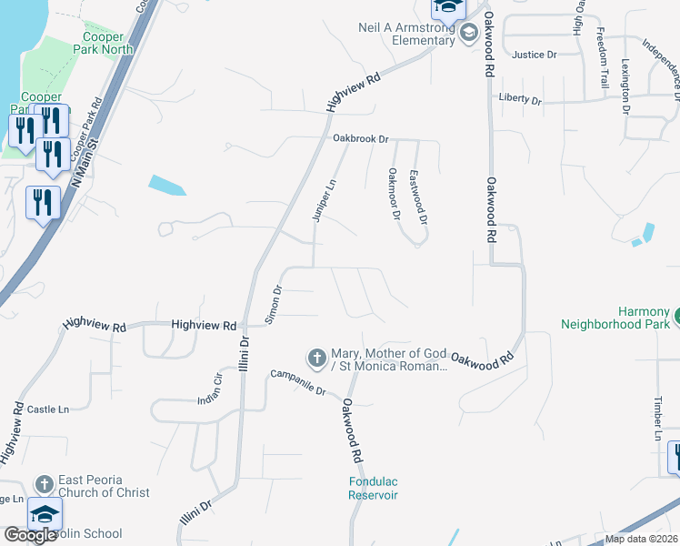 map of restaurants, bars, coffee shops, grocery stores, and more near 101 Shoshone Drive in East Peoria