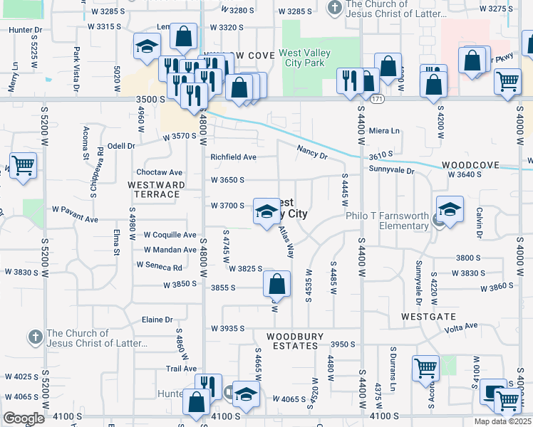 map of restaurants, bars, coffee shops, grocery stores, and more near 4637 Harman Drive in West Valley City