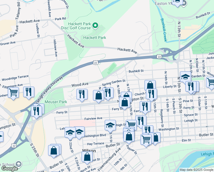 map of restaurants, bars, coffee shops, grocery stores, and more near 1858 Spring Garden Street in Easton