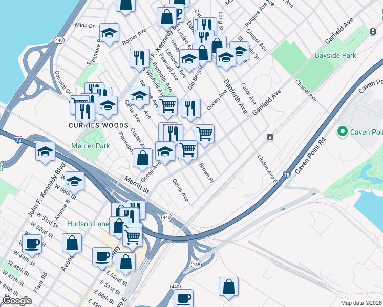 map of restaurants, bars, coffee shops, grocery stores, and more near 87 Winfield Avenue in Jersey City
