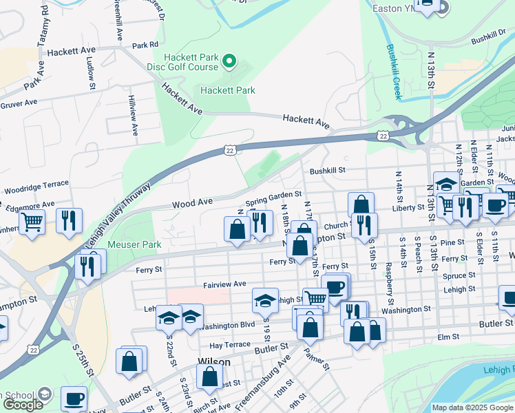 map of restaurants, bars, coffee shops, grocery stores, and more near 1858 Spring Garden Street in Easton