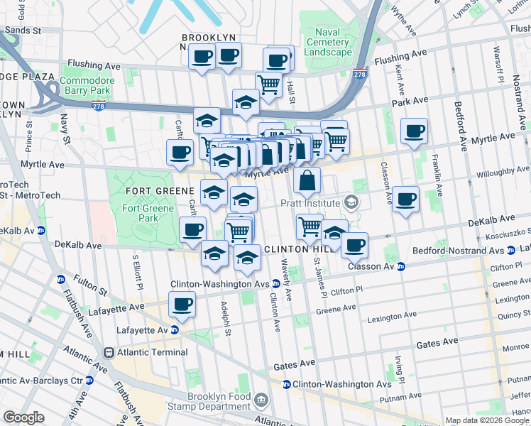 map of restaurants, bars, coffee shops, grocery stores, and more near 200 Waverly Avenue in Brooklyn