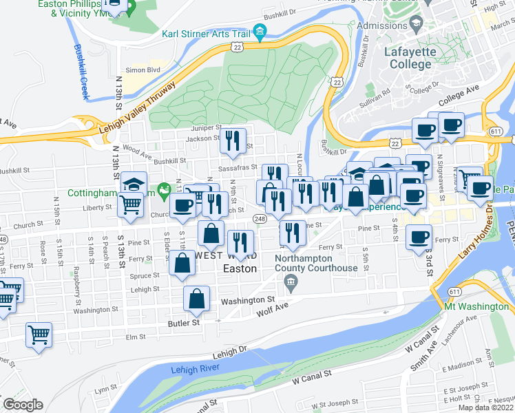 map of restaurants, bars, coffee shops, grocery stores, and more near 8 North 8th Street in Easton