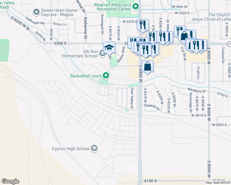 map of restaurants, bars, coffee shops, grocery stores, and more near 184 Sunset Hills Drive in Magna