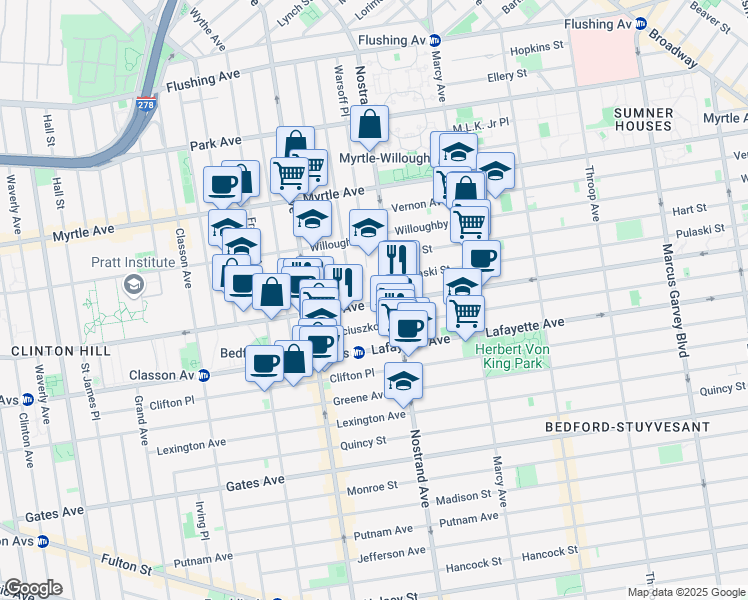map of restaurants, bars, coffee shops, grocery stores, and more near 585 Dekalb Avenue in Brooklyn