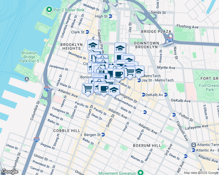 map of restaurants, bars, coffee shops, grocery stores, and more near 111 Livingston Street in Brooklyn