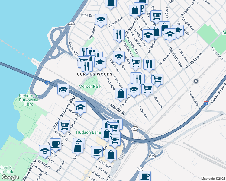 map of restaurants, bars, coffee shops, grocery stores, and more near 145 Custer Avenue in Jersey City