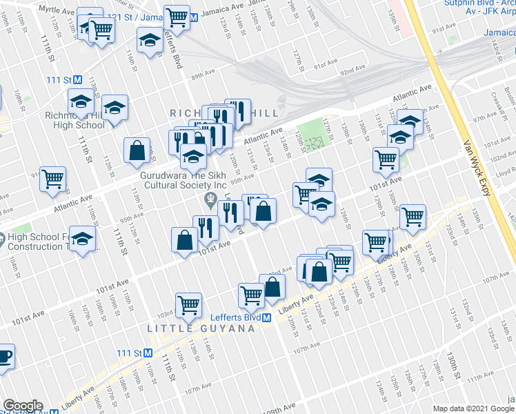 map of restaurants, bars, coffee shops, grocery stores, and more near 120-08 97th Avenue in Queens