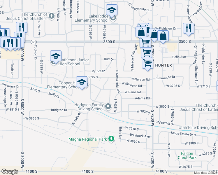 map of restaurants, bars, coffee shops, grocery stores, and more near 7478 West Washington Road in Magna