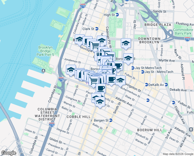 map of restaurants, bars, coffee shops, grocery stores, and more near 13 Schermerhorn Street in Brooklyn
