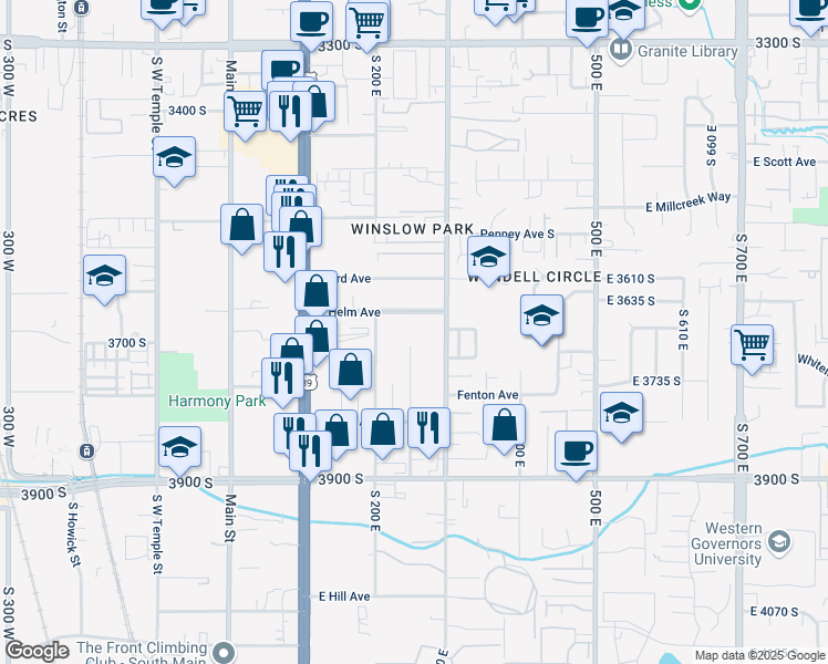 map of restaurants, bars, coffee shops, grocery stores, and more near 256 East Helm Avenue in South Salt Lake