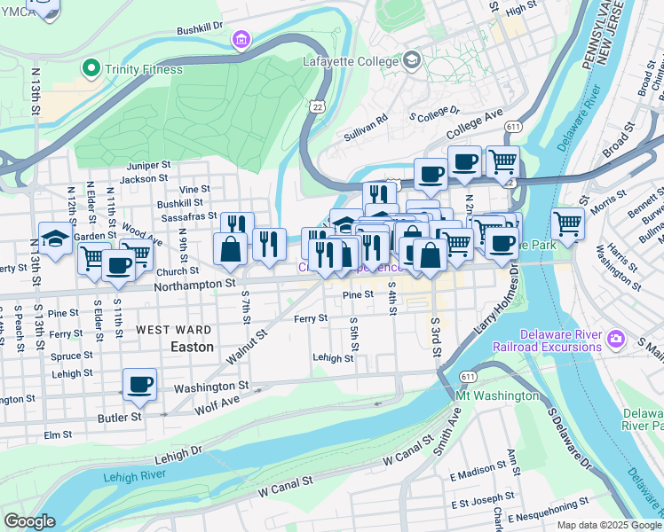 map of restaurants, bars, coffee shops, grocery stores, and more near 527 Northampton Street in Easton