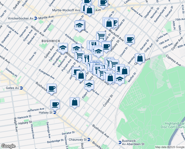 map of restaurants, bars, coffee shops, grocery stores, and more near 567 Wilson Avenue in Brooklyn