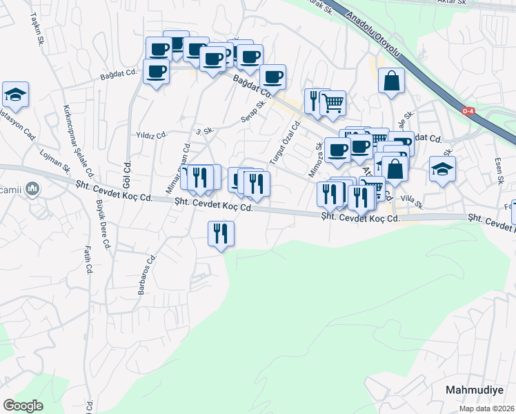 map of restaurants, bars, coffee shops, grocery stores, and more near 54 Şehit Cevdet Koç Caddesi in Sapanca