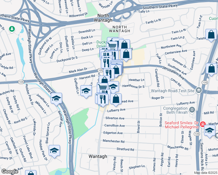 map of restaurants, bars, coffee shops, grocery stores, and more near 1260 Wantagh Avenue in Wantagh