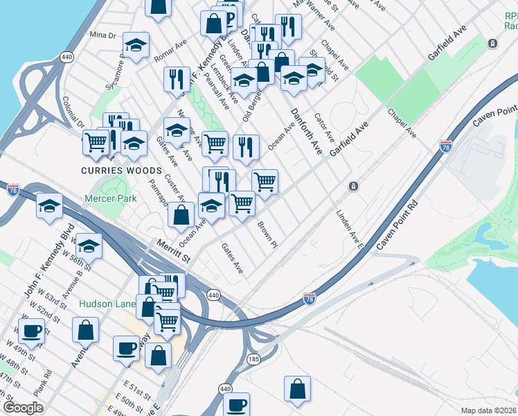 map of restaurants, bars, coffee shops, grocery stores, and more near 64 Winfield Avenue in Jersey City