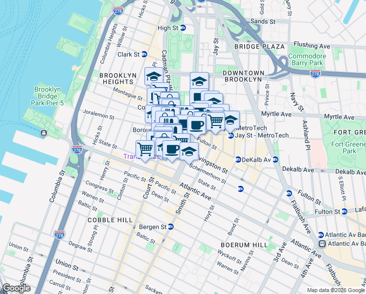 map of restaurants, bars, coffee shops, grocery stores, and more near 111 Livingston Street in Brooklyn