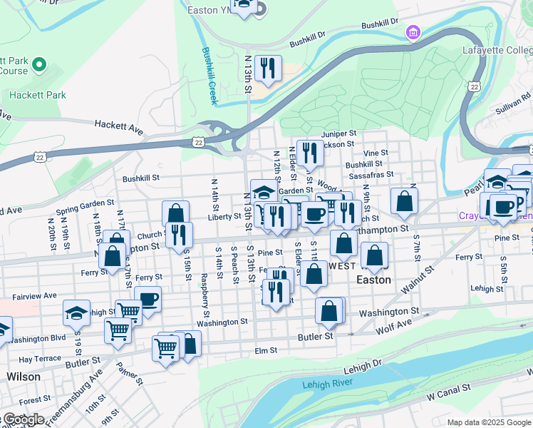 map of restaurants, bars, coffee shops, grocery stores, and more near 1221 Northampton Street in Easton