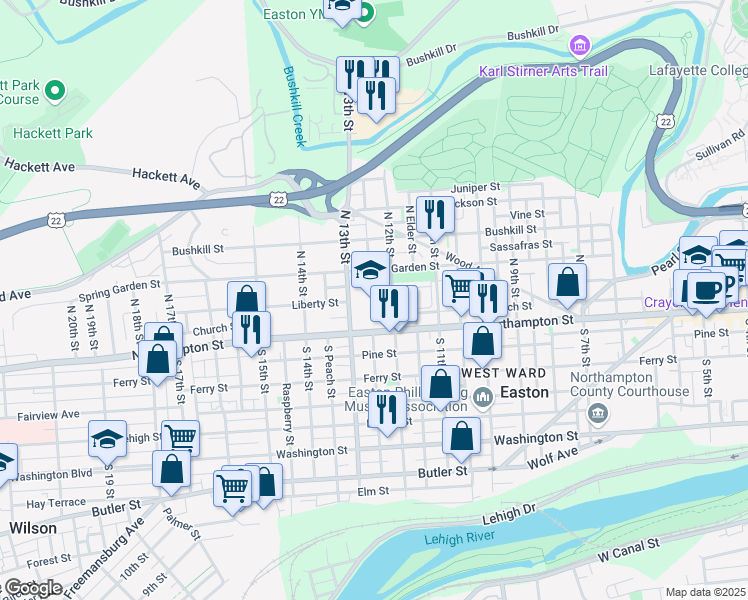map of restaurants, bars, coffee shops, grocery stores, and more near 1221 Northampton Street in Easton