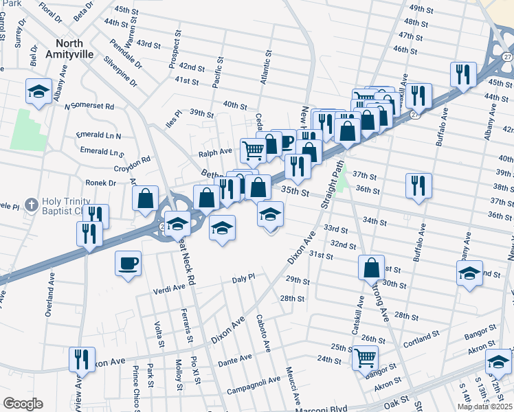 map of restaurants, bars, coffee shops, grocery stores, and more near 1187 Sunrise Highway in Copiague