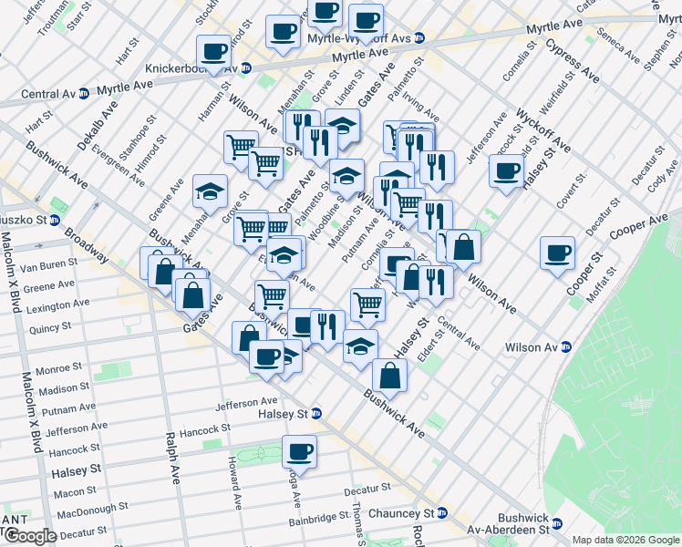 map of restaurants, bars, coffee shops, grocery stores, and more near 1247 Putnam Avenue in Brooklyn