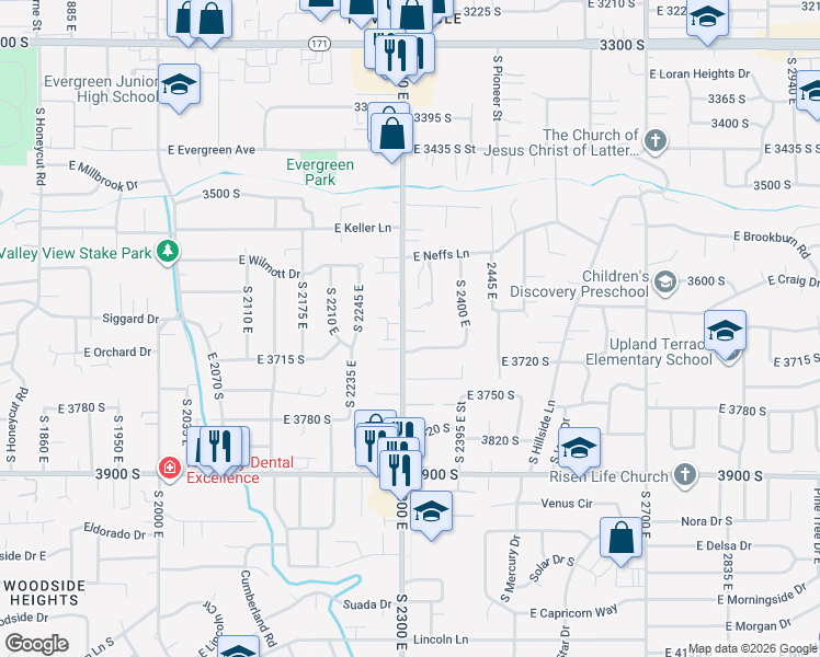 map of restaurants, bars, coffee shops, grocery stores, and more near 3636 Wicklow Place in Salt Lake City