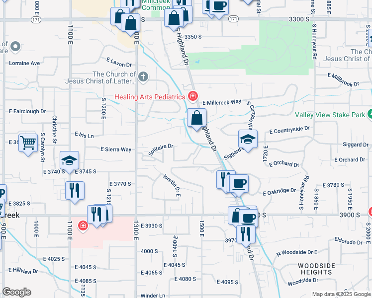 map of restaurants, bars, coffee shops, grocery stores, and more near 3667 Vineyard Court in Millcreek